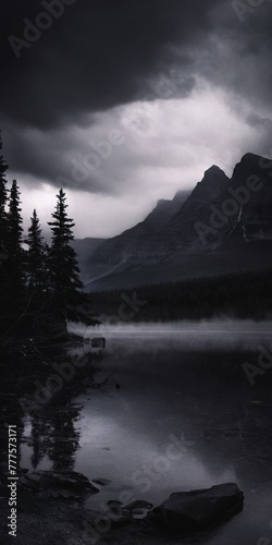 nature. cloudy nature. the gloomy forest. a lake in the mountains. grey clouds in the mountains. gloomy nature photo