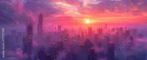 A wide-angle shot of a futuristic city panorama in a purple haze against a sunset sky. Fantasy illustration in cyberpunk style. Futuristic city scene in a style of sci-fi art. 80 s wallpaper.