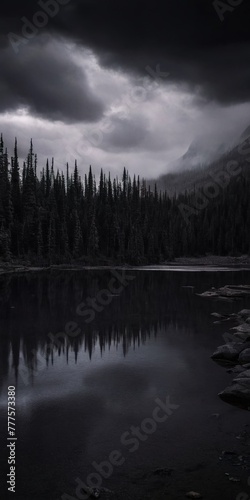 nature. cloudy nature. the gloomy forest. a lake in the mountains. grey clouds in the mountains. gloomy nature photo
