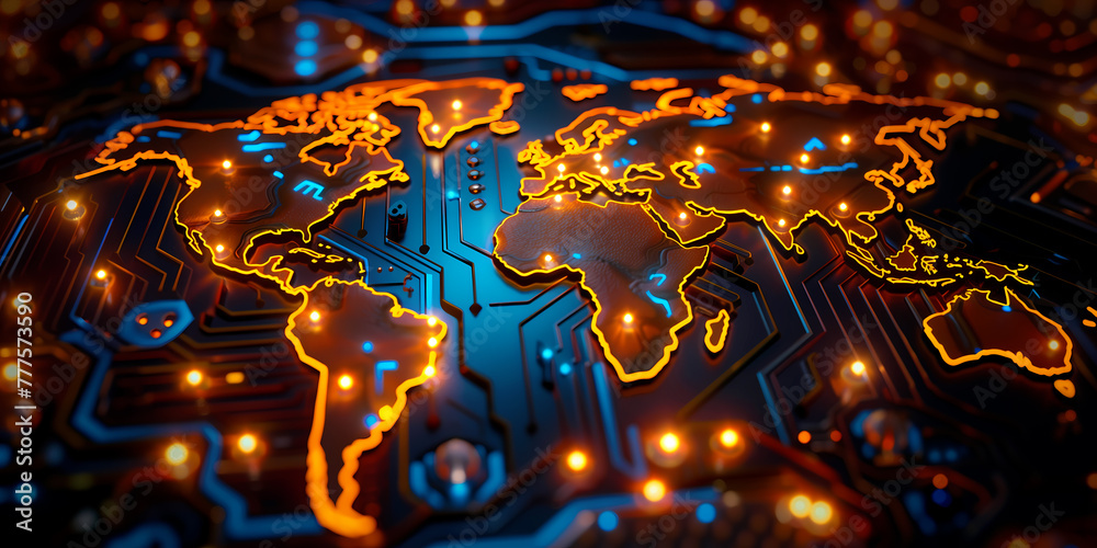 World map made of glowing printed circuits, global network and connectivity, data transfer and technology, artificial intelligence, information exchange, international telecommunications and business - obrazy, fototapety, plakaty 