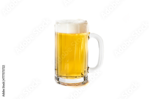 A glass beer stein full of pale beer or ale with a head of foam isolated on white