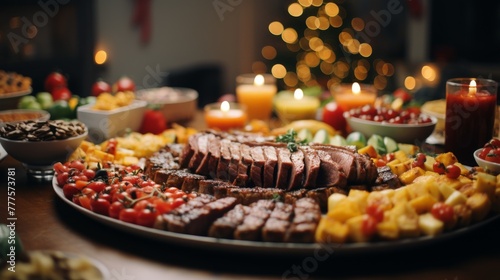 Christmas Dinner table full of dishes with food and snacks, New Year's decor with a Christmas tree on the background