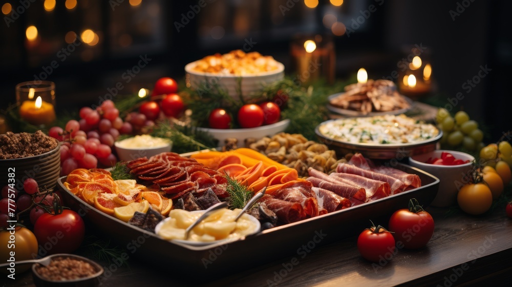 Festive table with snacks from sausages and cheeses, fruits and berries, a gala feast
Concept: holiday menu and cooking, catering services. Festive table with snacks from sausages and cheeses, fruits and berries, a gala feast
Concept: holiday menu and cooking, catering services.