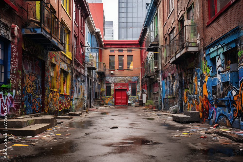 A gritty urban alleyway adorned with graffiti and street murals, showcasing the raw and authentic spirit of the city A gritty urban alleyway adorned with graffiti and street murals, showcasing the raw and authentic spirit of the city