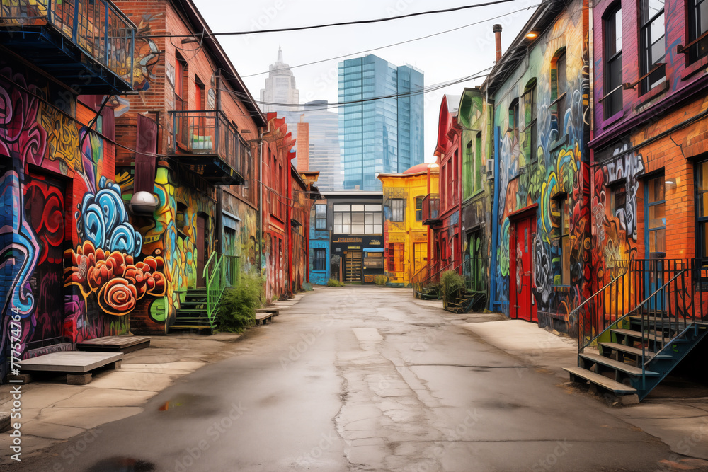 A gritty urban alleyway adorned with graffiti and street murals, showcasing the raw and authentic spirit of the city