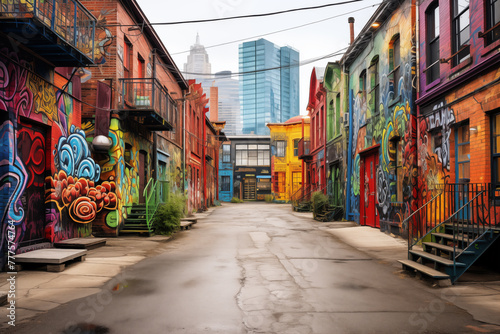 A gritty urban alleyway adorned with graffiti and street murals, showcasing the raw and authentic spirit of the city