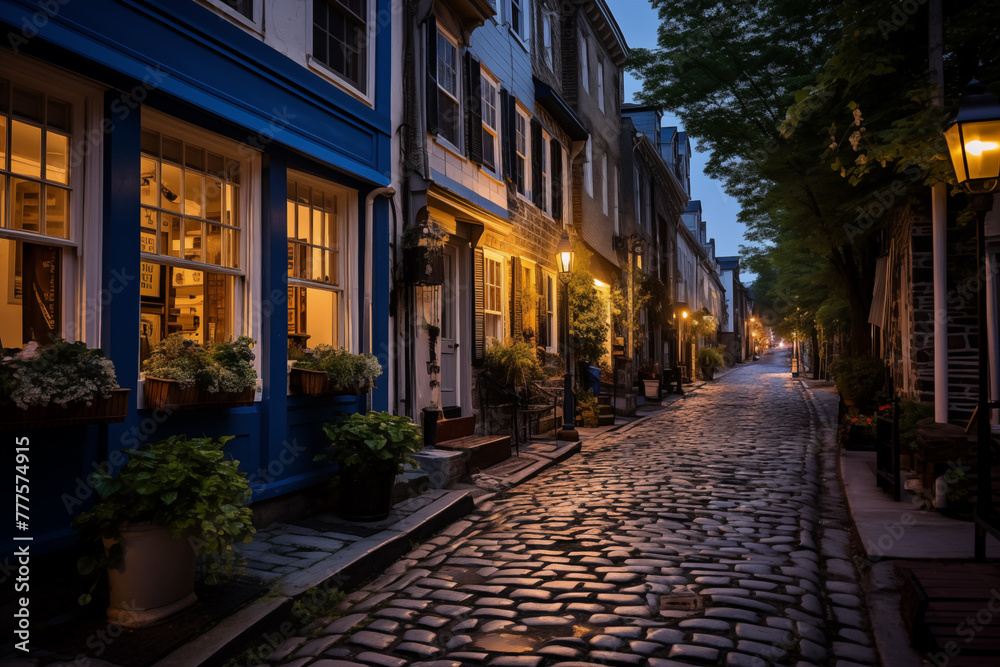 A charming cobblestone street lined with quaint storefronts and historic buildings, evoking a sense of old-world charm and nostalgia