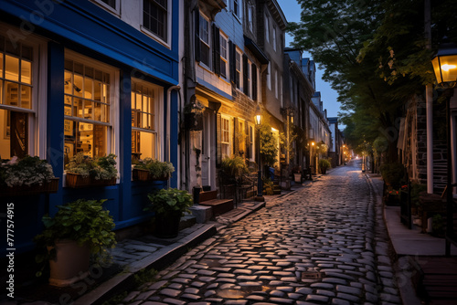 A charming cobblestone street lined with quaint storefronts and historic buildings  evoking a sense of old-world charm and nostalgia