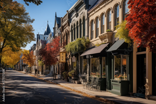 A charming cobblestone street lined with quaint storefronts and historic buildings, evoking a sense of old-world charm and nostalgia