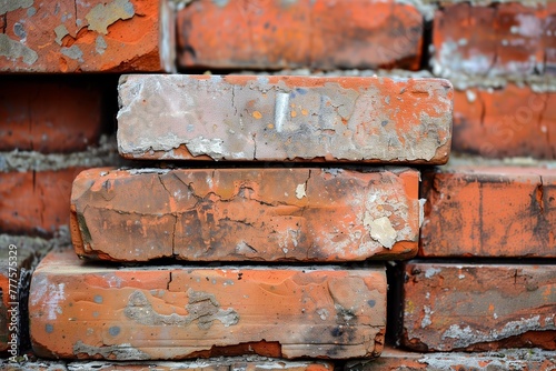 Detail of stacked bricks with chipped paint and textures of wear signifying time's effect on materials