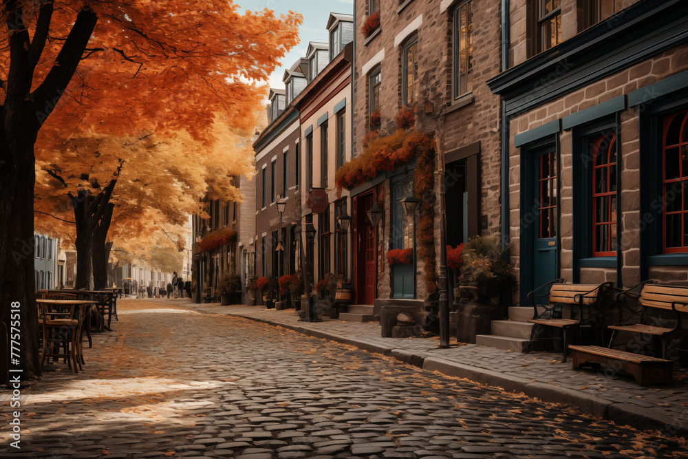 A charming cobblestone street lined with quaint storefronts and historic buildings, evoking a sense of old-world charm and nostalgia