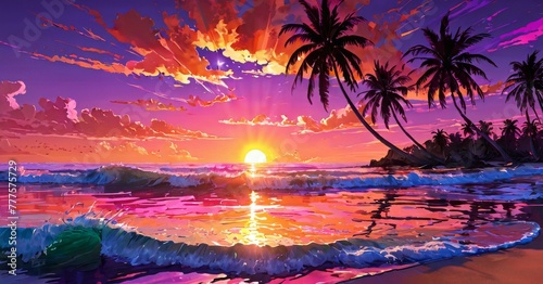 The sun kisses the horizon in this tropical beachscape, casting a radiant light across the sea. Palm trees stand tall, offering a perfect frame to the setting sun. AI generation © Anastasiia