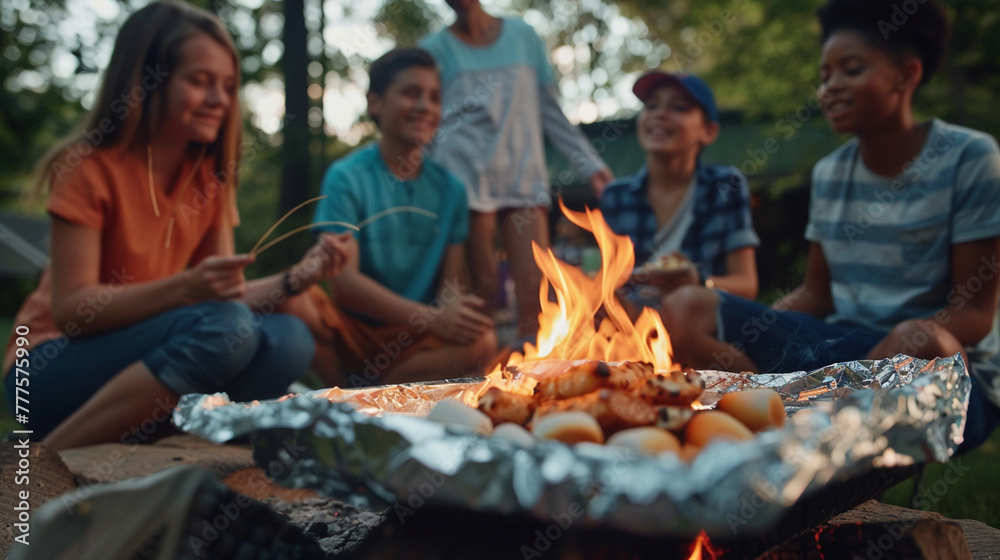 Friends gathered around a campfire, roasting marshmallows and sharing stories while cooking foil packet meals Friends gathered around a campfire, roasting marshmallows and sharing stories while cooking foil packet meals