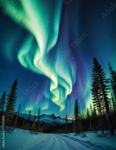 The majestic aurora borealis dances over a snow-covered forest path  offering a breathtaking natural spectacle in the tranquil night.