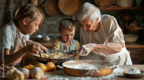 Grandparents teaching their grandchildren how to make traditional family recipes passed down through generations