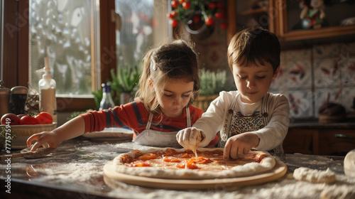 Siblings preparing a homemade pizza together  playfully tossing dough and adding their favorite toppings