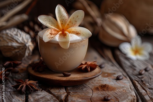 cocoa milk cream flower hot wooden coffee background wood food. generative ai