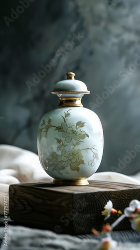 a vase with a floral design on it sits on a wooden table (ID: 777576726)