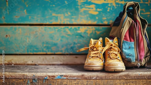 Pair of old, worn-out yellow sneakers next to colorful backpack on distressed wooden bench photo