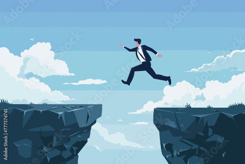 Courageous businessman leaps from one cliff to another, representing a daring career change or transition into a new industry, a concept of professional growth and adaptability