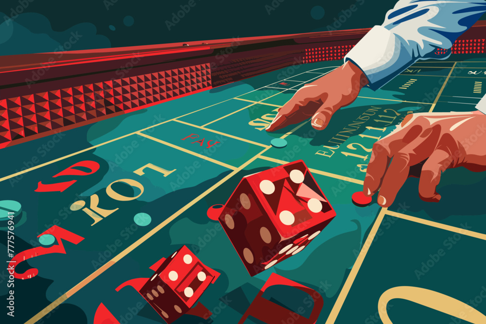 Daring businessman rolls the dice on a craps table, embracing risk and gambling on chance, a concept of business probability and potential rewards - obrazy, fototapety, plakaty 