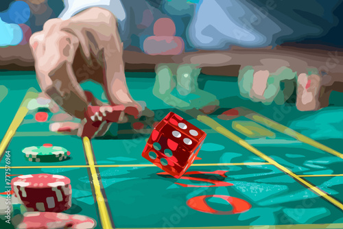 Daring businessman rolls the dice on a craps table, embracing risk and gambling on chance, a concept of business probability and potential rewards