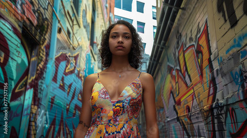 An urban alleyway with graffiti art, showcasing a businesswoman in a trendy summer dress with a confident expression facing the camera.