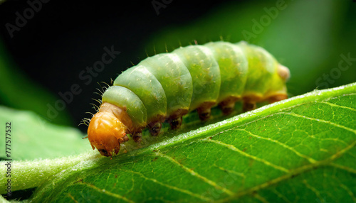 Close-up of a vibrant green caterpillar with an orange head, crawling on a fresh green leaf, highlighted by soft light.