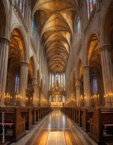 The grandeur of a cathedral s interior  showcasing soaring gothic arches and vibrant stained glass windows with a rich play of light and shadows