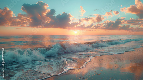 A tranquil beach at sunrise, with pastel colors painting the sky and gentle waves washing ashore photo