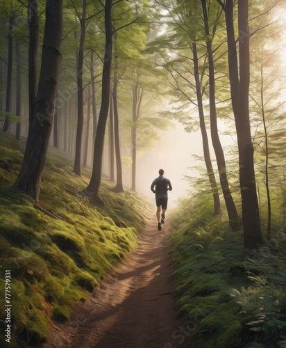 A tranquil scene unfolds as a runner travels a narrow path amidst a hazy, sunlit forest. The interplay of light and shadow casts a dreamlike quality over the verdurous environment. AI generation AI