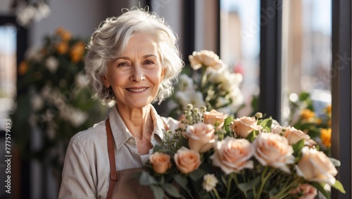 An elderly woman florist with gray hair is happy to collect a stylish modern bouquet in her flower shop salon. Sunny day, windows. Hobby. Small business. Sincere emotions. Wellbeing, self care. photo