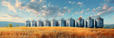 Grain silos in the middle of wide green fields on a sunny day, Silos in Wheat Field Agricultural Product Storage Agricultural Business and Production Illustration, Stocks of grain in granaries.
