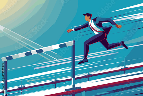 Determined businessman leaps over a hurdle on a race track, overcoming obstacles and challenges on the path to success, a concept of perseverance in business