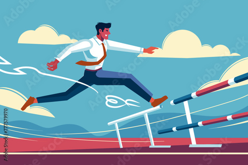 Determined businessman leaps over a hurdle on a race track, overcoming obstacles and challenges on the path to success, a concept of perseverance in business photo