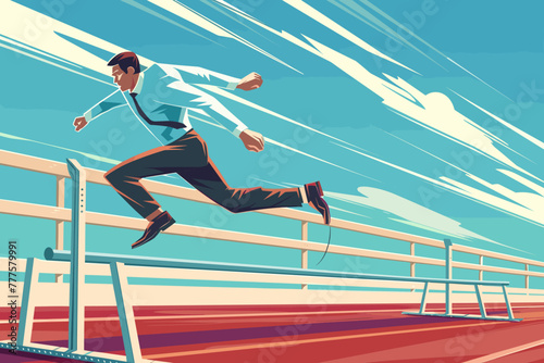 Determined businessman leaps over a hurdle on a race track, overcoming obstacles and challenges on the path to success, a concept of perseverance in business