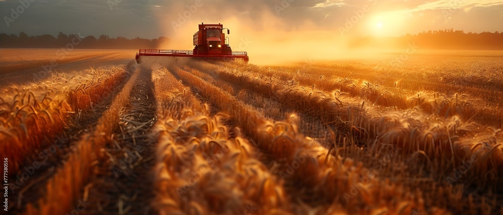 Fototapeta premium Unloading freshly harvested crops into container trailer in the afternoon sunlight. Concept Harvesting Crops, Farming Operations, Afternoon Sunlight, Container Trailer, Fresh Produce