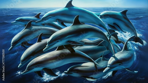 An expansive view of a pod of dolphins swimming gracefully in the ocean