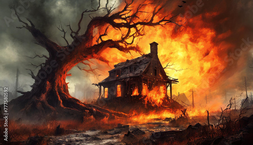 Mysterious fantasy scene with burning big tree and house. World of fire.