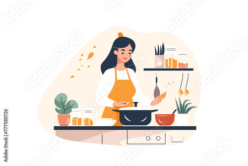 beautiful woman cooking in kitchen vector on an isolated background