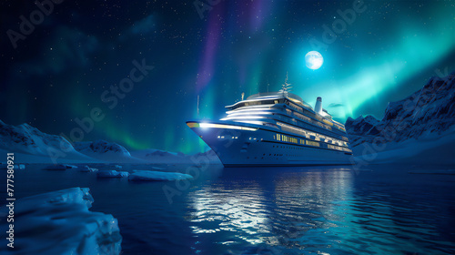 Luxury cruise ship in the middle of the sea with auroras © Syukra