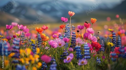 Colorful Flowers Field With Mountains