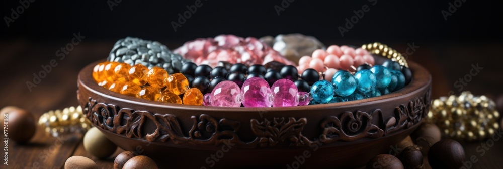 A wooden bowl filled with a variety of vibrant beads in different shapes and sizes A wooden bowl filled with a variety of vibrant beads in different shapes and sizes