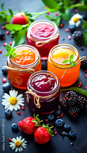 Fototapeta Naklejka Na Ścianę i Meble -  Homemade assortment of berries and fruits jams in jars. Summer harvest in sweet preserves, confitures or jams.