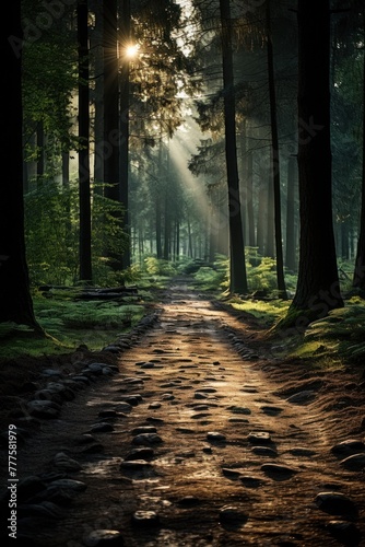 A dirt road runs through a dense forest surrounded by trees and foliage
