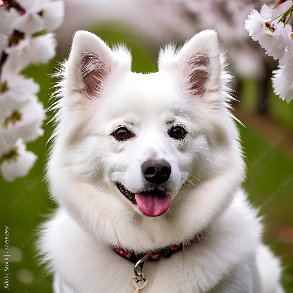 Cool American Eskimo Dog standing in a blooming cherry orchard with petals swirling around in a gentle breeze