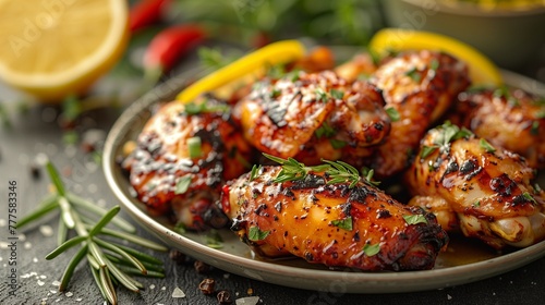 Tempting chicken wings adorned with zesty lemon and aromatic herbs, tantalizing the taste buds