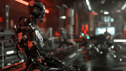 Contemplation in the Machine, A Sophisticated Humanoid Robot in a Futuristic Red-Lit Control Room, Reflecting Advanced Intelligence and Autonomy