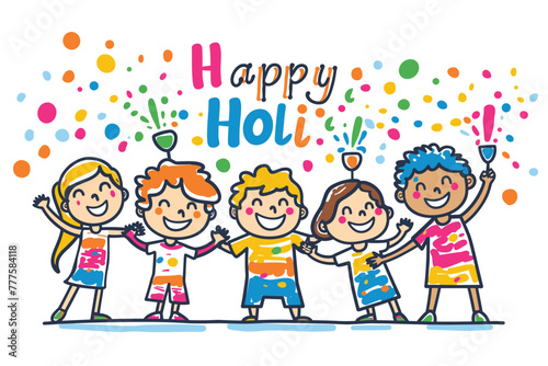 Happy Holi, cute children celebrating Holi vector illustration
