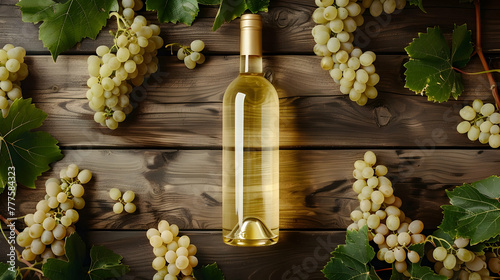 bottle of white wine with a bunch of white grapes on a wooden background with space for text photo
